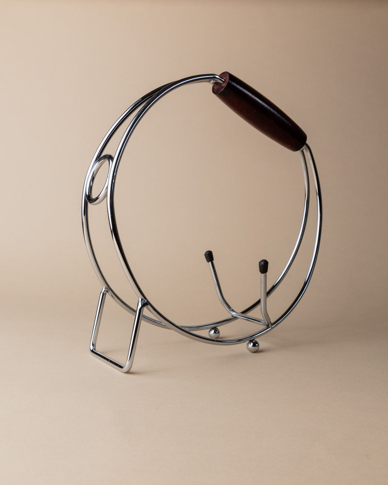 Chrome bottle holder with wood handle profile view 1980s