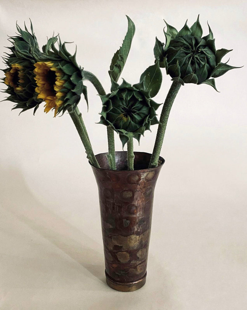 Vintage dinanderie copper brass vase with dried sunflowers