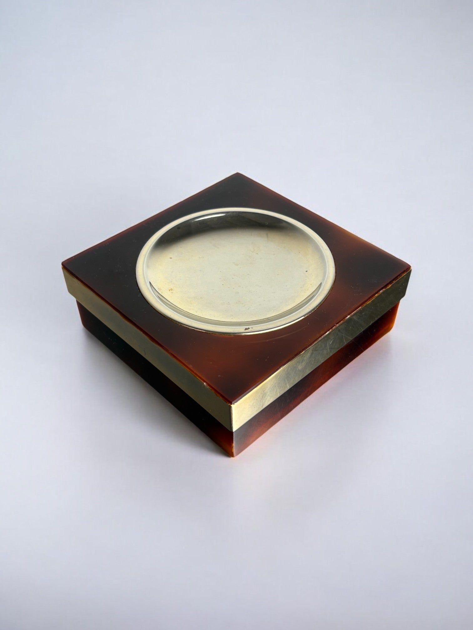 Square faux tortoiseshell ashtray with brass insert, 1970s Italy