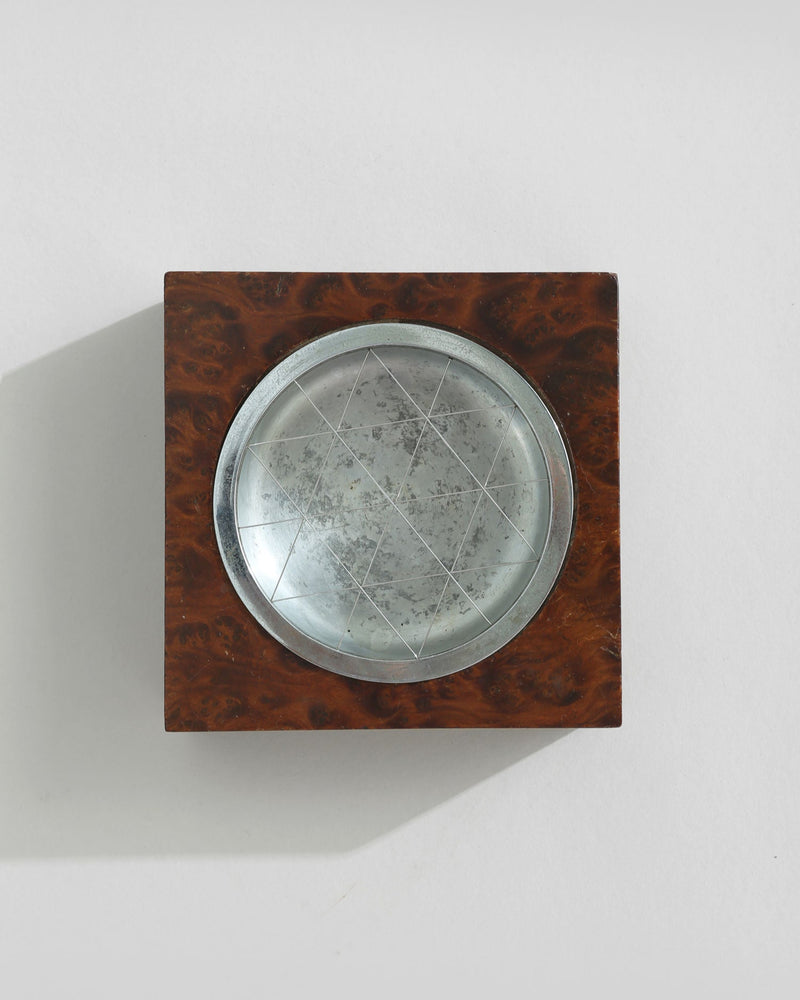 Burl wood mid-century ashtray with etched geometric glass insert
