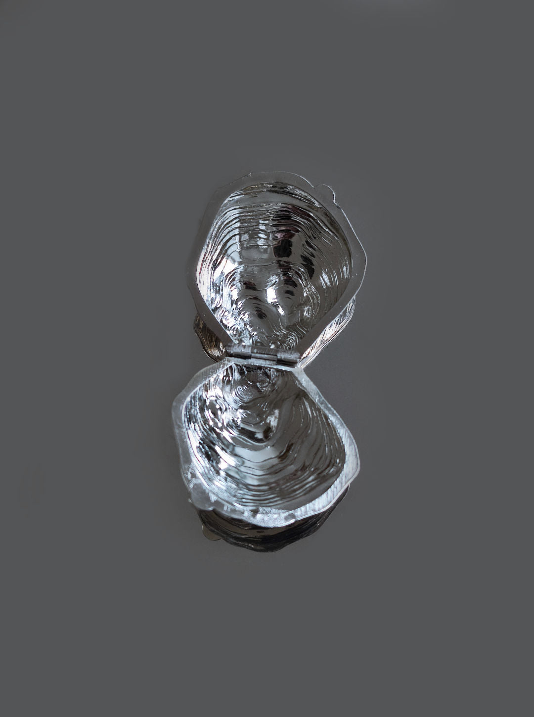 The Les Objoies Small Oyster Box, a reflective silver clam shell, is open on a dark grey surface. Its polished finish creates a mirror-like reflection beneath it, adding depth and interest to this unique gift-worthy composition.