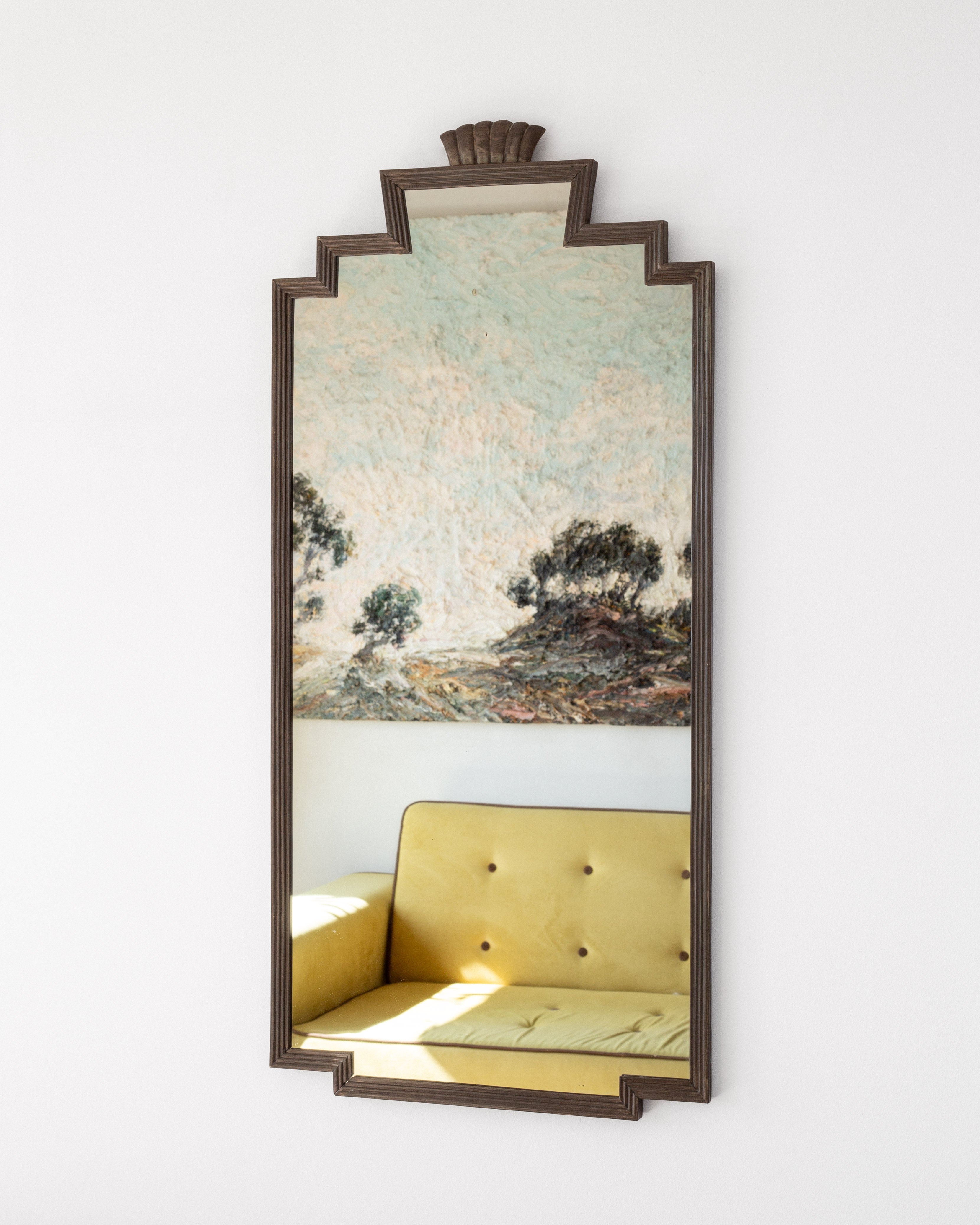 1930s Swedish Art Deco Bronze Mirror with Shell Crown