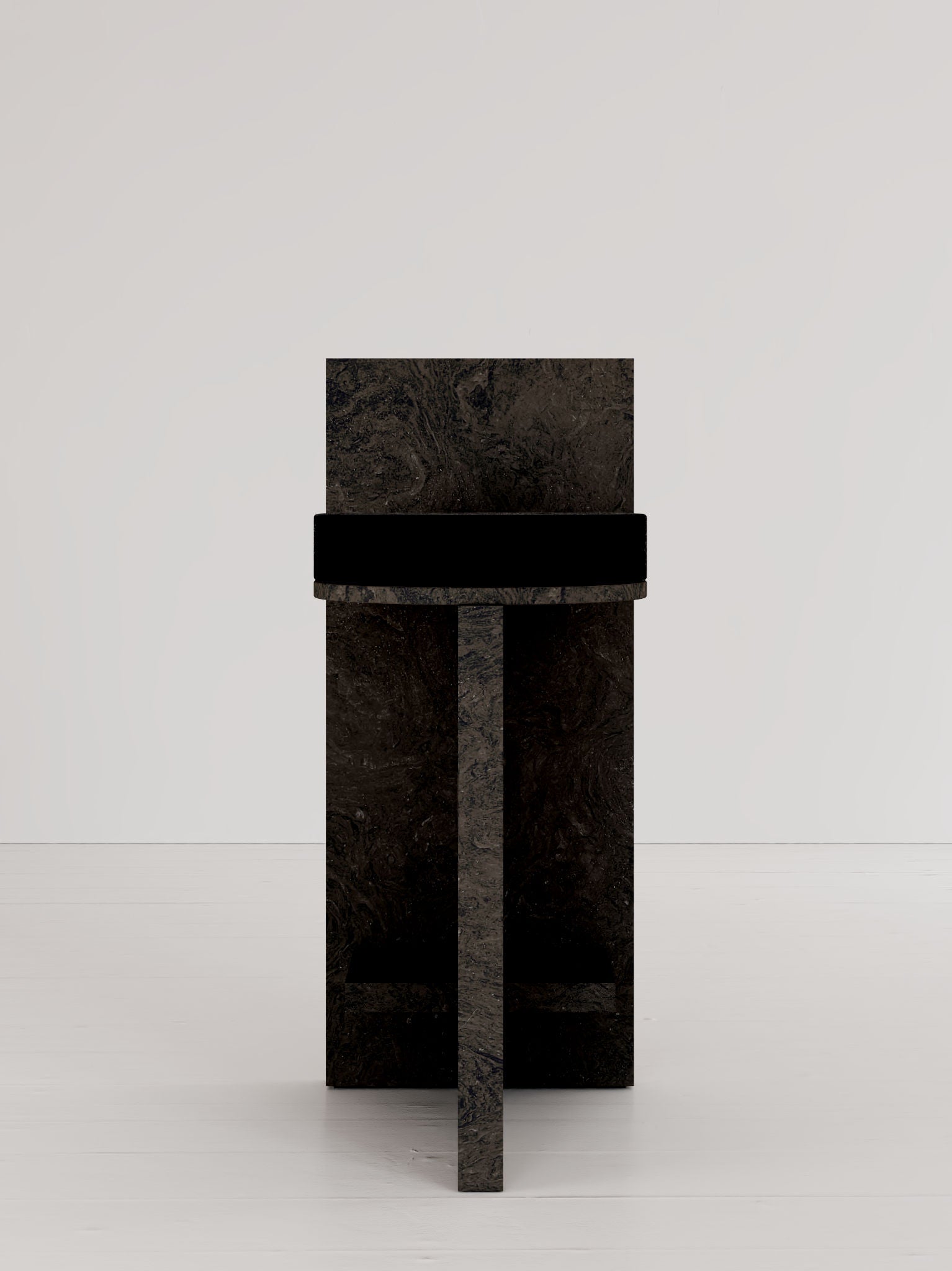 The 'Meï 02' Stool Bar by volta features a sculptural dark stone design with a high rectangular backrest and geometric lines, custom-made and showcased in a minimalistic white room with a plain background.