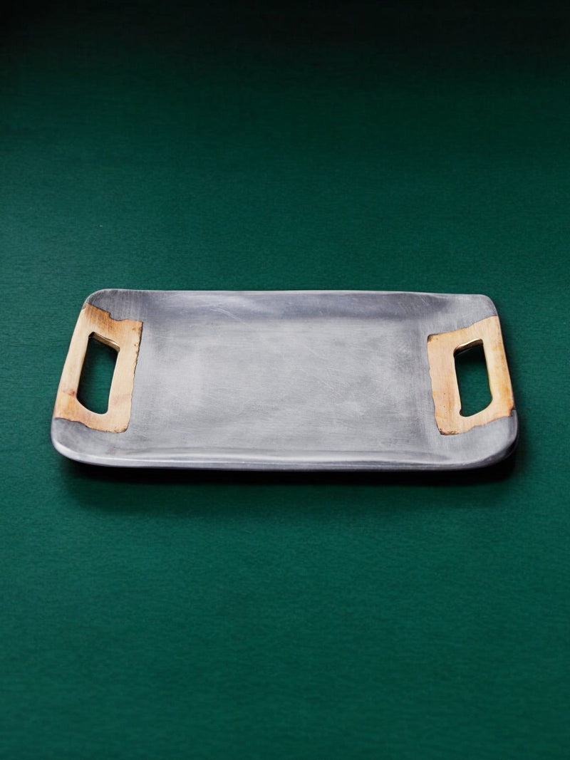 Brutalist concrete vide-poche tray with wooden handles, 1980s