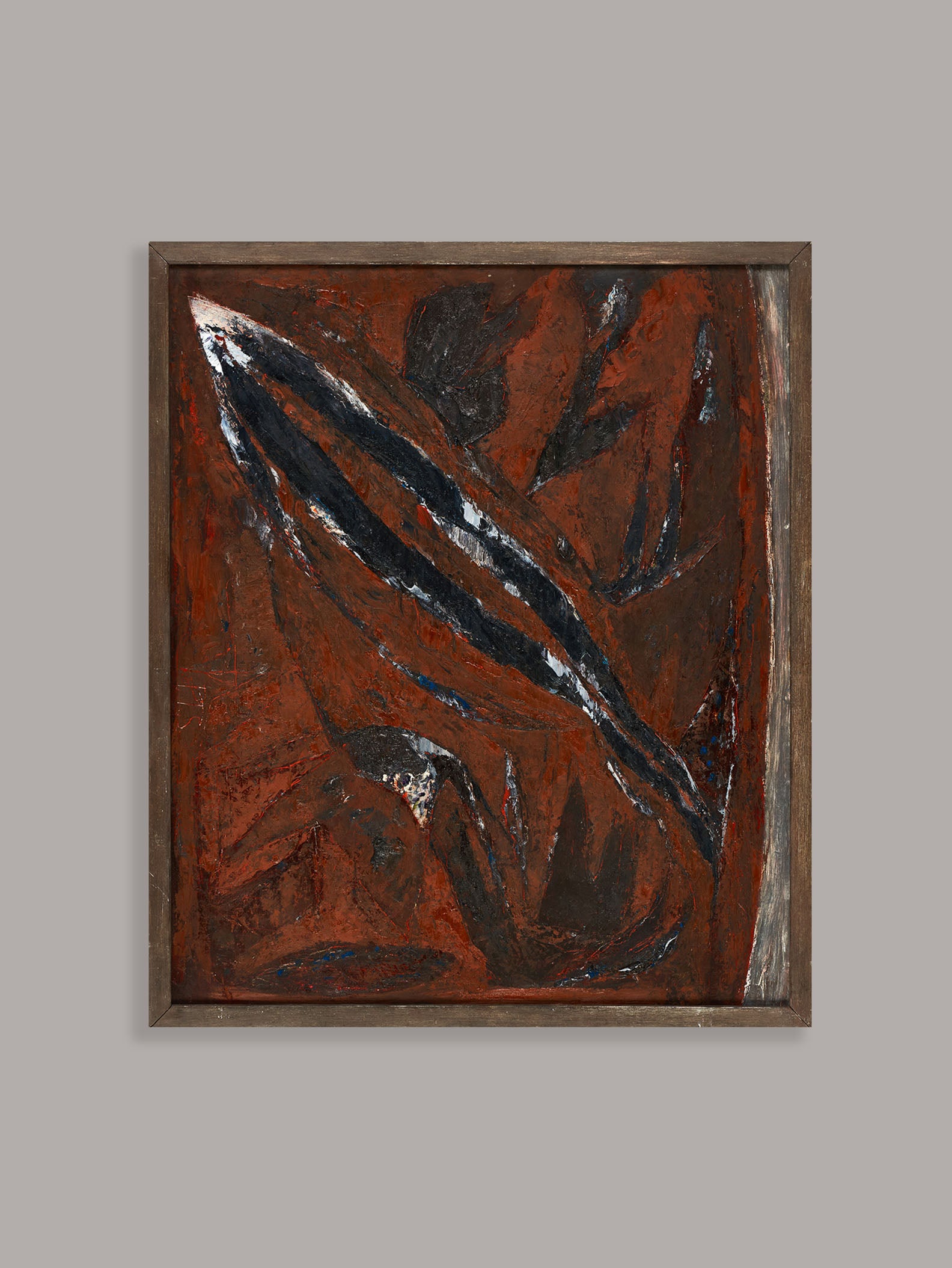 Painting Composition by Petrus Ten Siethoff (b.1946) for RELIC LONDON is an abstract work featuring dynamic, wavy lines in red, black, and earthy tones. This oil on panel piece is elegantly framed in a simple dark frame against a plain background.