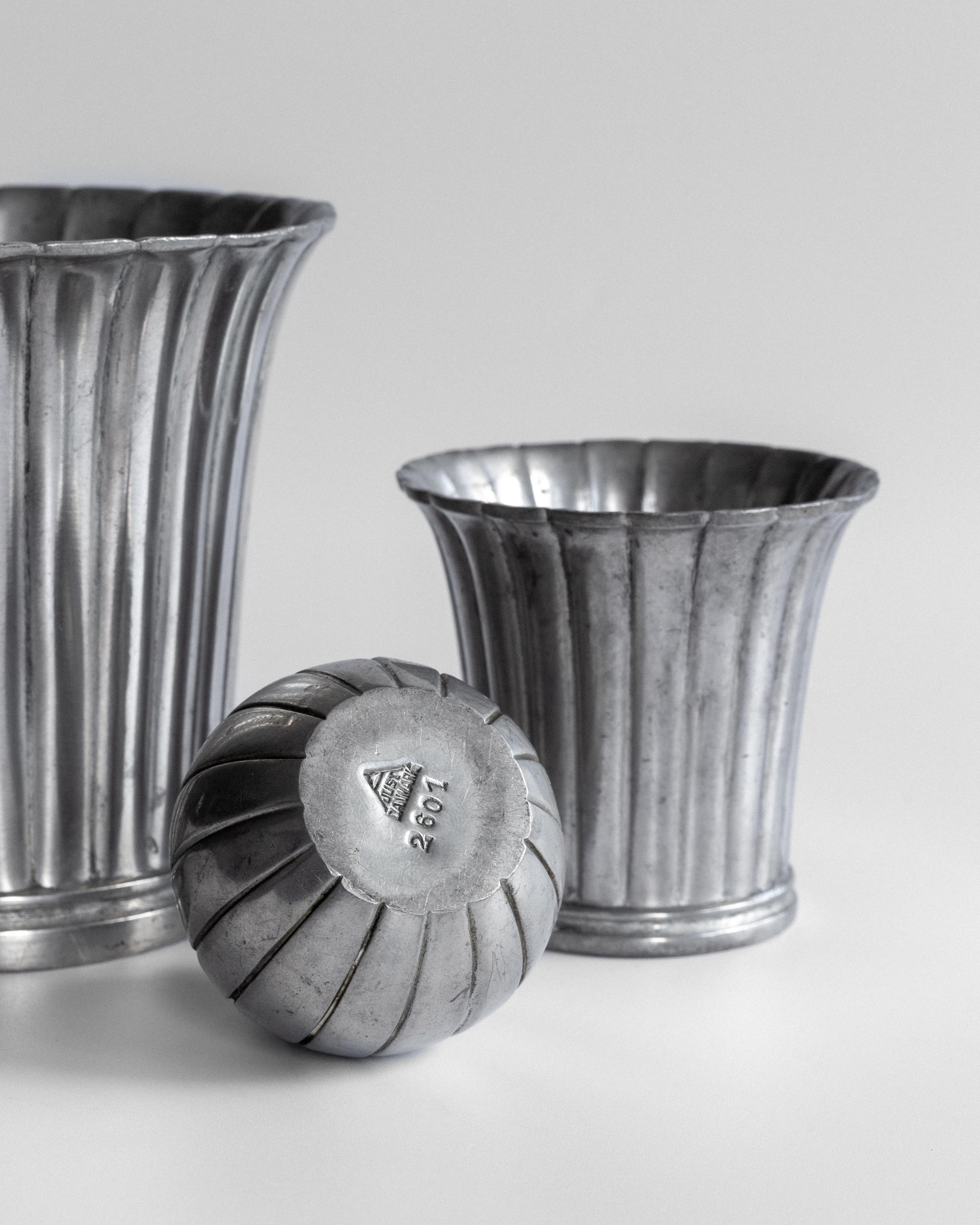 Just Andersen pewter vases with ribbed design and maker's mark detail