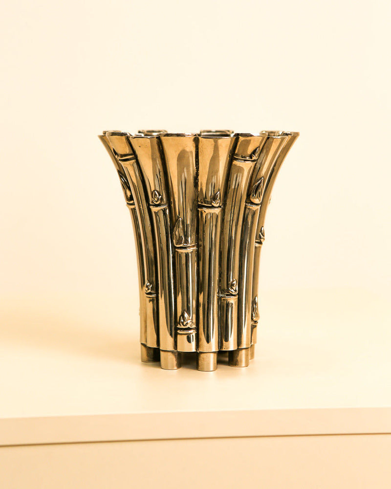 Golden bamboo-textured Italian silver plated vase from the 1960s