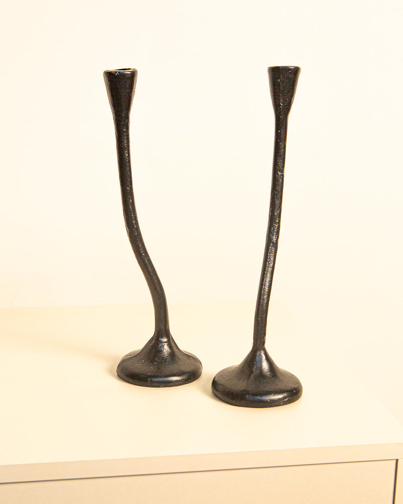 Twisted black aluminum candleholders pair, elegant curved stems