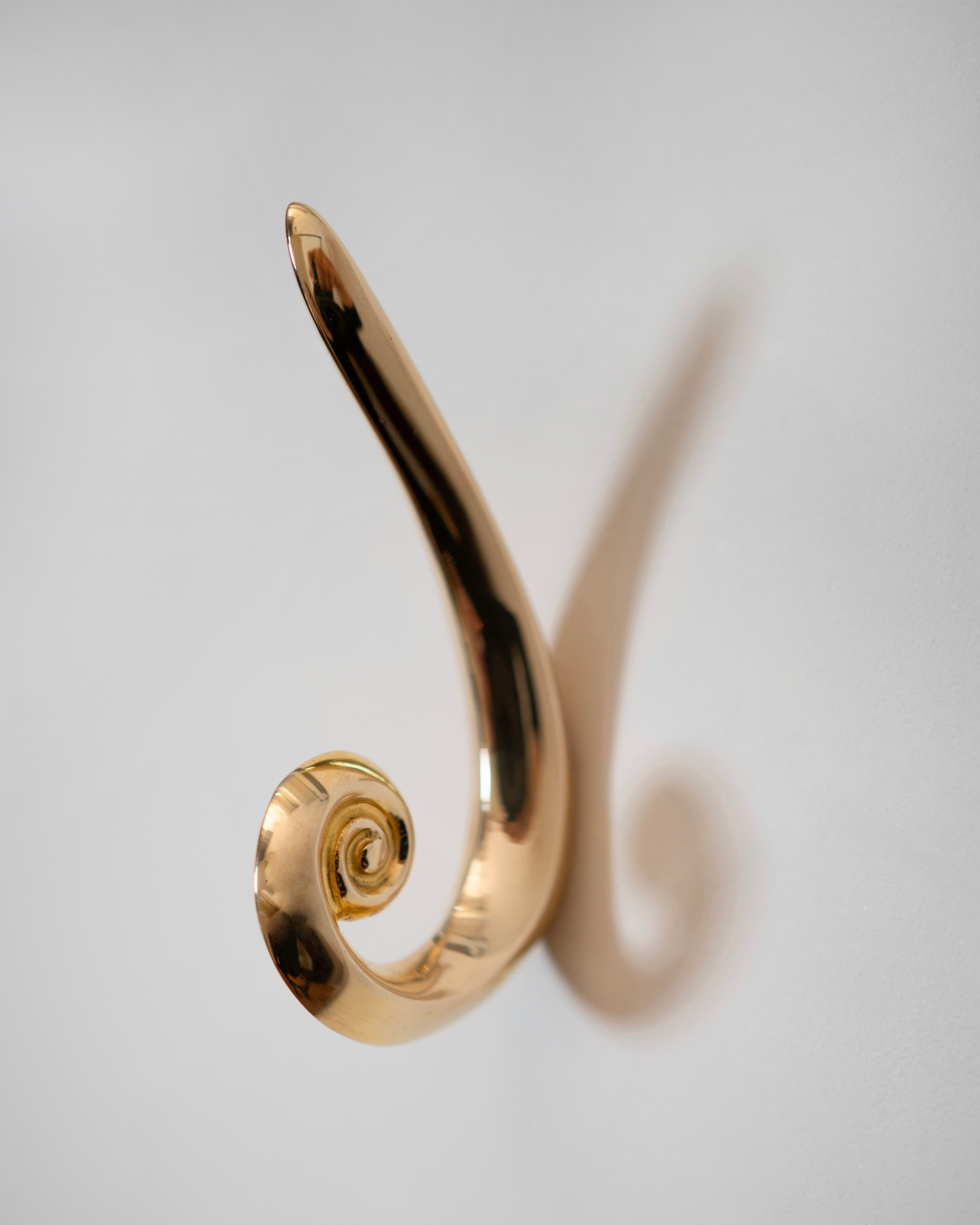 The Noelle Hook - Brass by Hein Studio features a shiny, sandcasted brass finish with a smooth, curved design and spiral tip, casting a soft shadow on a plain white wall.