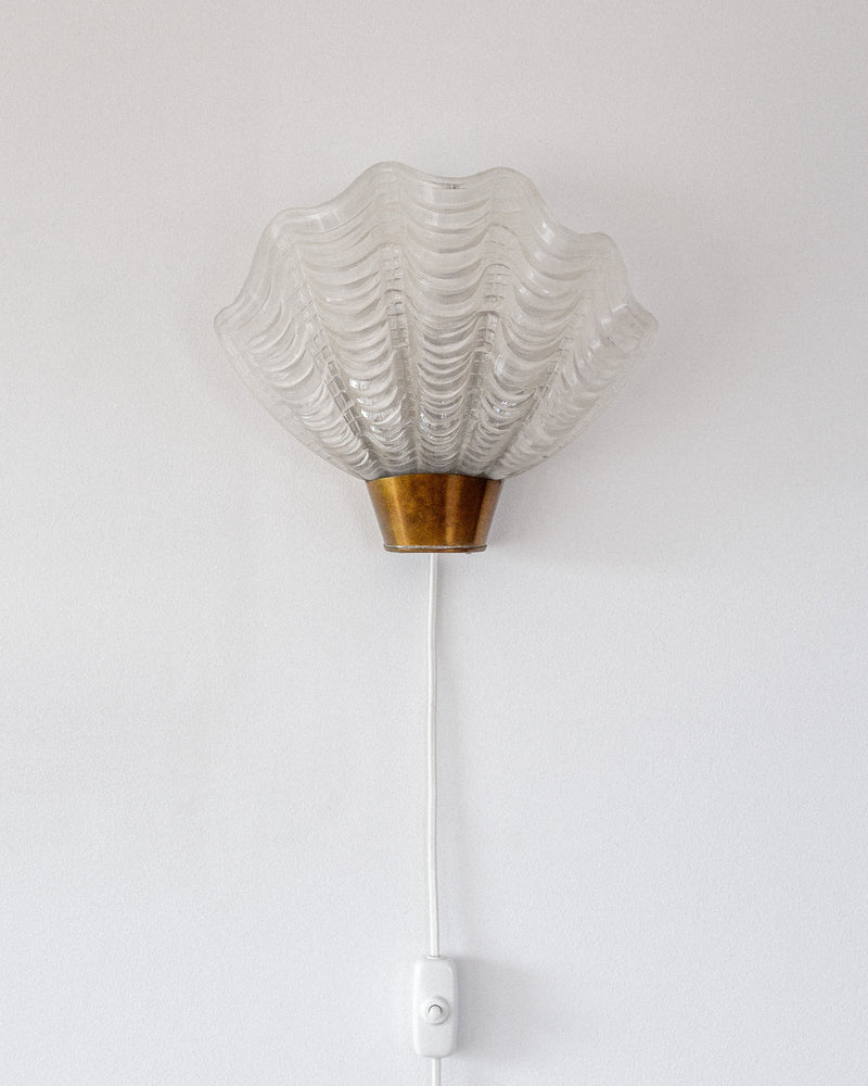 The Vintage "Coquille" Wall Light by Spigel, from Sweden 1940s, features a glass shell-like shade with a brass base mounted on a white wall. A stylish white cord with an attached switch enhances both the elegance and functionality of this fixture.