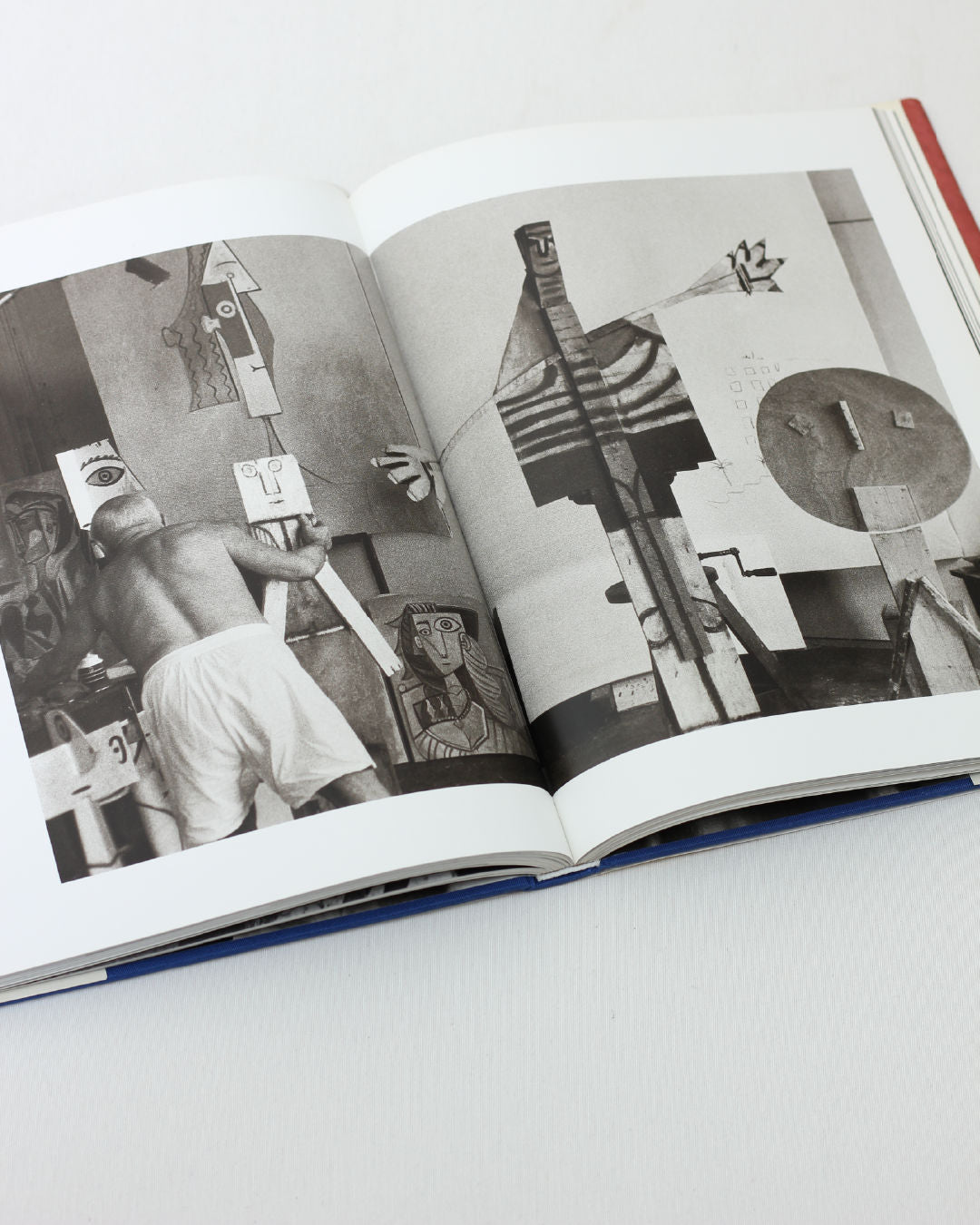 An open book titled "Picasso and Jacqueline" from Boga Avante Shop displays a black-and-white photo of Picasso in shorts amid abstract sculptures and geometric artworks, with more abstract art visible in the background.