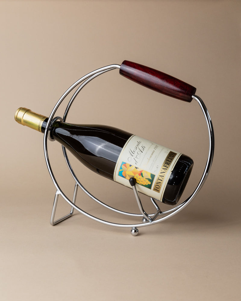 Chrome wine bottle holder with wooden handle, 1980s design