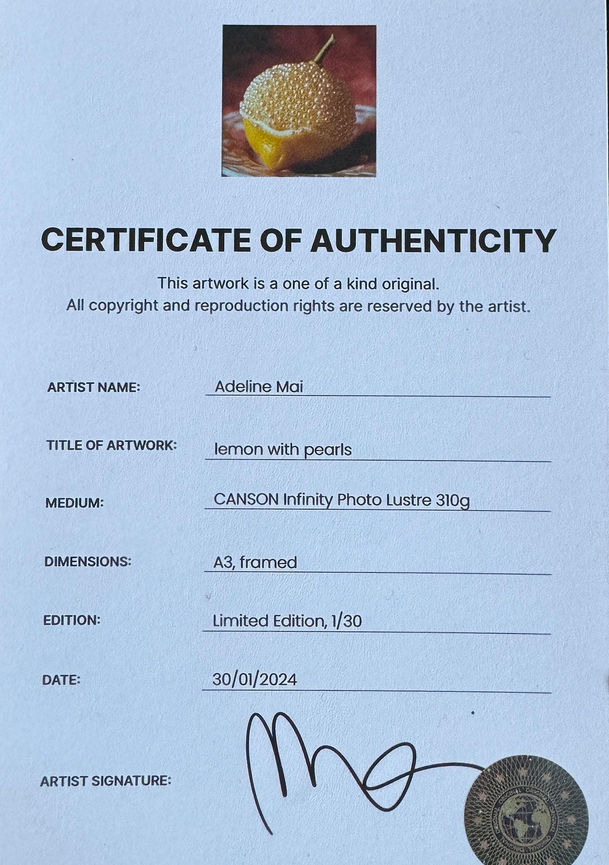 Certificate of Authenticity for a limited edition Apple and Pearls by Adeline Mai titled "Apple and Pearls." The medium used is CANSON Infinity Photo Lustre 310g. The artwork is A3, framed, edition 1/30, dated 01/30/2024. The certificate includes the artist's signature.