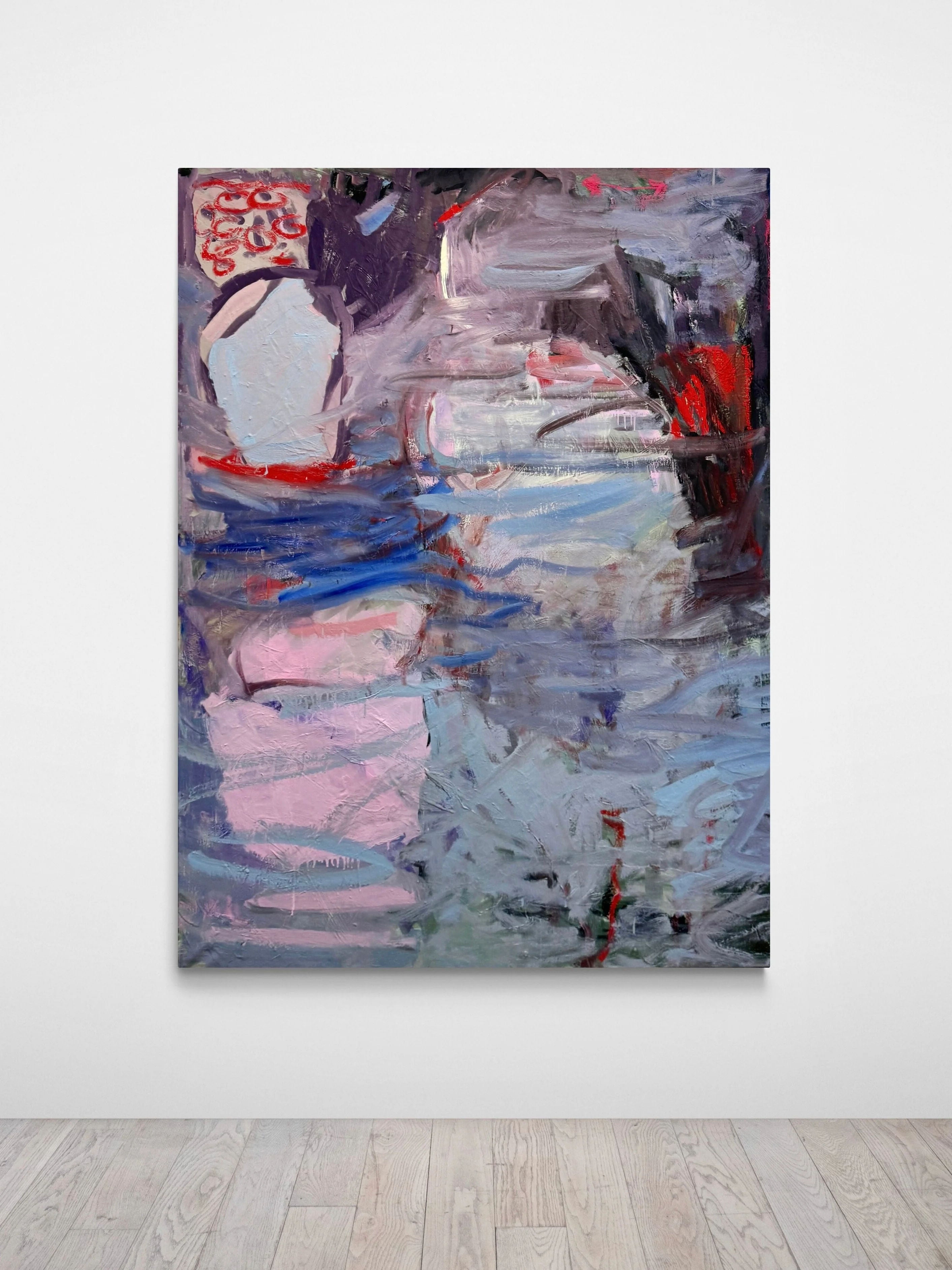 The Petra Schott artwork "About Undine - Oil on canvas" features swirling brushstrokes in red, blue, gray, purple, and pink. It hangs on a blank white wall above a light wooden floor and evokes the myth of the mermaid with its abstract mix of bold and muted colors.