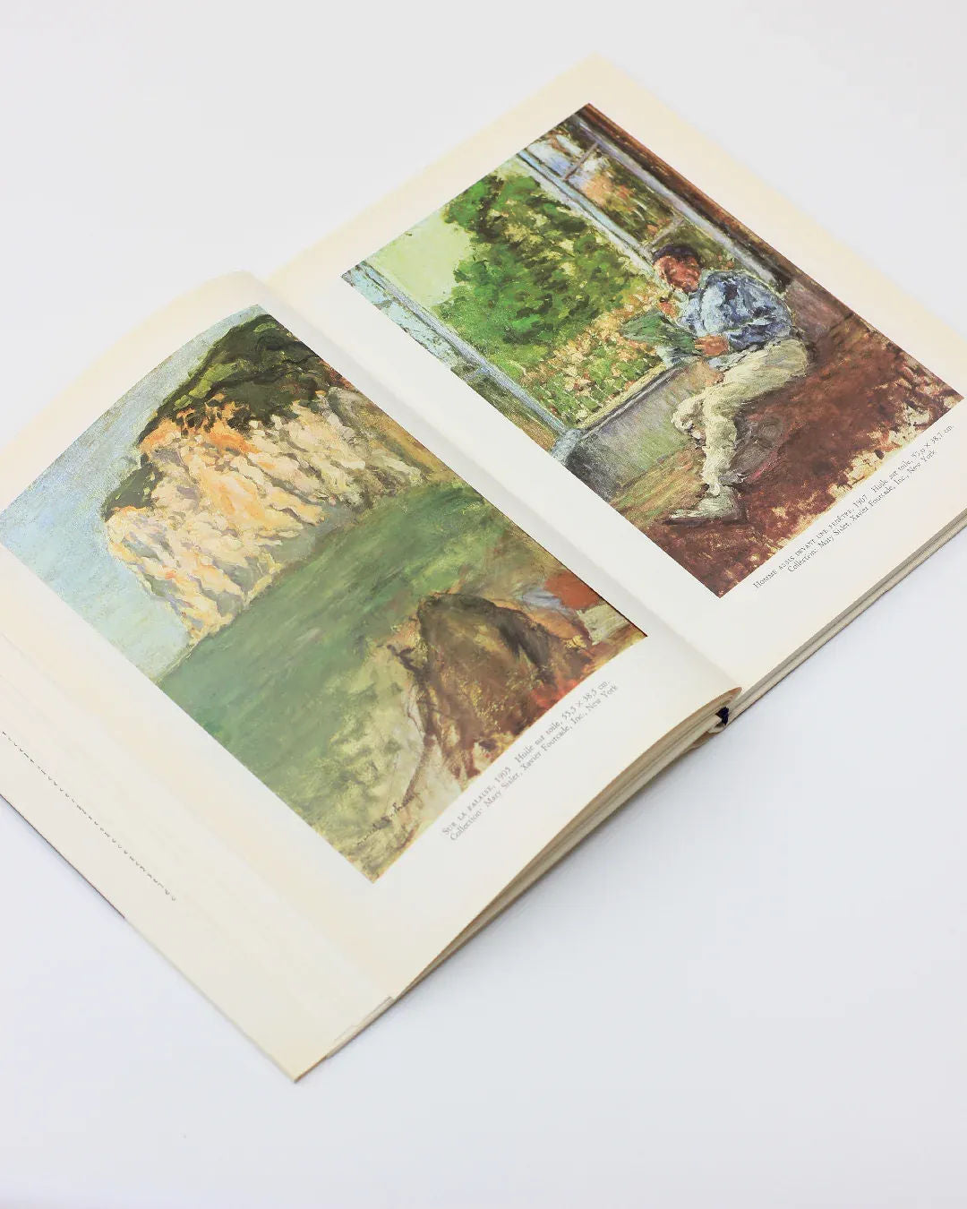 A book from the Boga Avante Shop, titled "Marcel Duchamp by Sarane Alexandrian," lies open to reveal two impressionist paintings. On the left page, rocky cliffs meet the sea, while on the right, a figure reminiscent of Marcel Duchamp sits thoughtfully near a window overlooking trees. The pages lie against a simple white backdrop, adding an element of conceptual art.