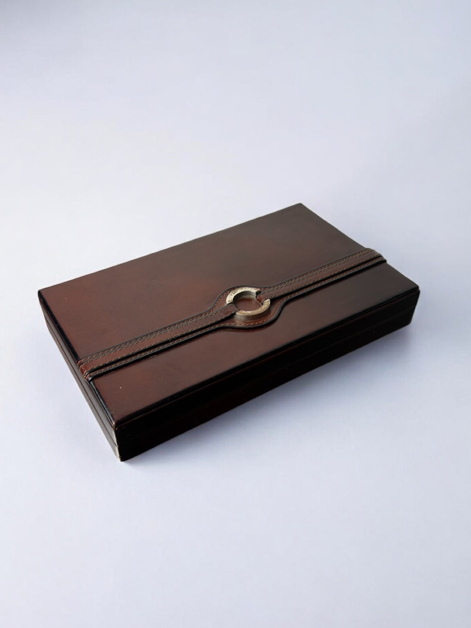 Loewe brown leather box with decorative strap and metal clasp detail