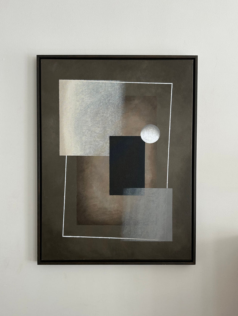 Abstract geometric painting with overlapping rectangles in neutral tones