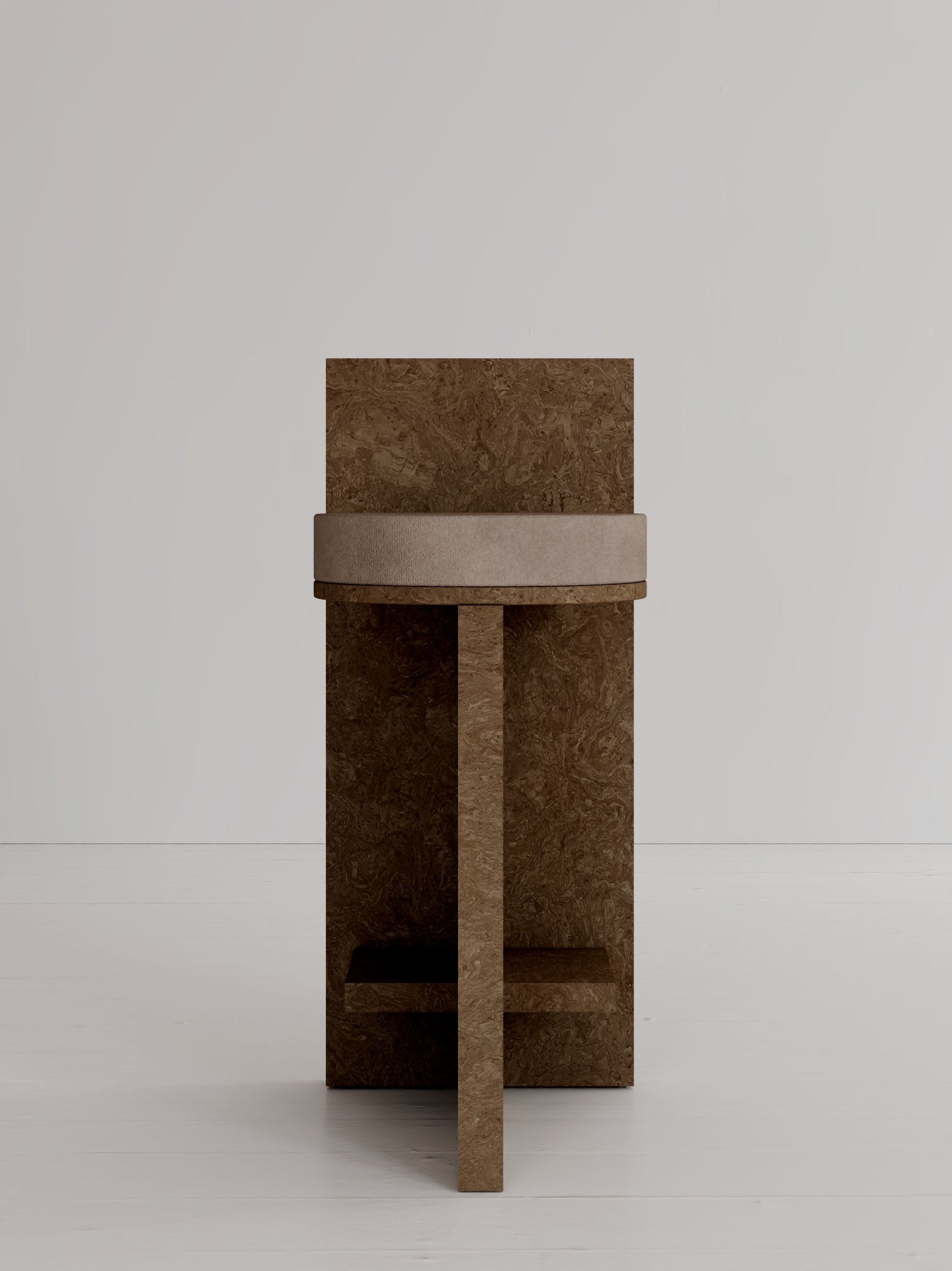 The volta 'Meï 02' Stool Bar features a modern, minimalist design with a brown finish, rectangular base, and round seat, made to order and displayed against a plain white wall and floor.