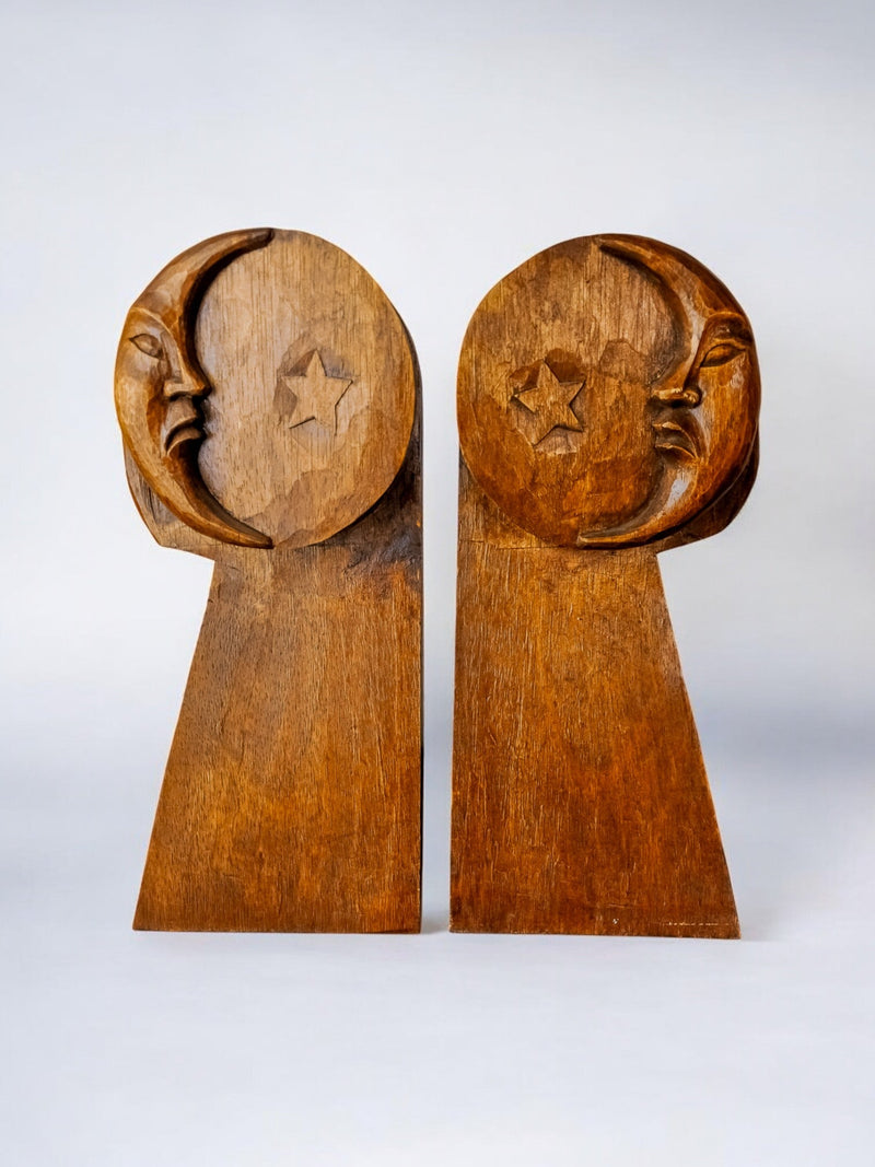 Carved wood moon and star bookends, French 1960s design
