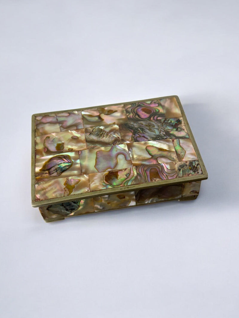 Abalone shell inlay detail on vintage Mexican vanity box