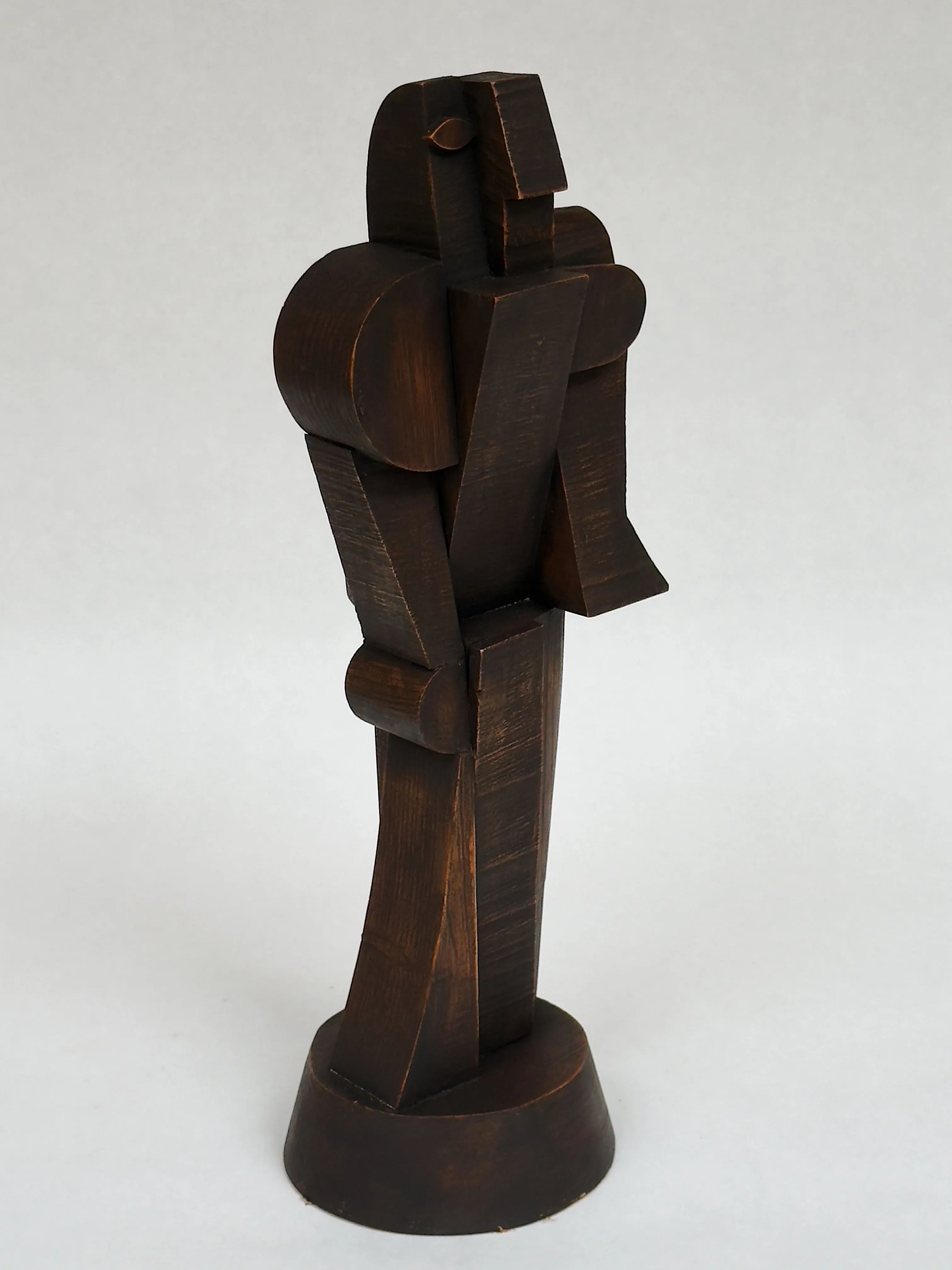Cubist Sculpture No. 3 from Galerie Storm's Atelier Boulogne collection, circa 1960s, is a bronze-colored piece featuring a standing figure with geometric limbs and head, angular forms, and smooth surfaces reminiscent of Cubist abstraction.