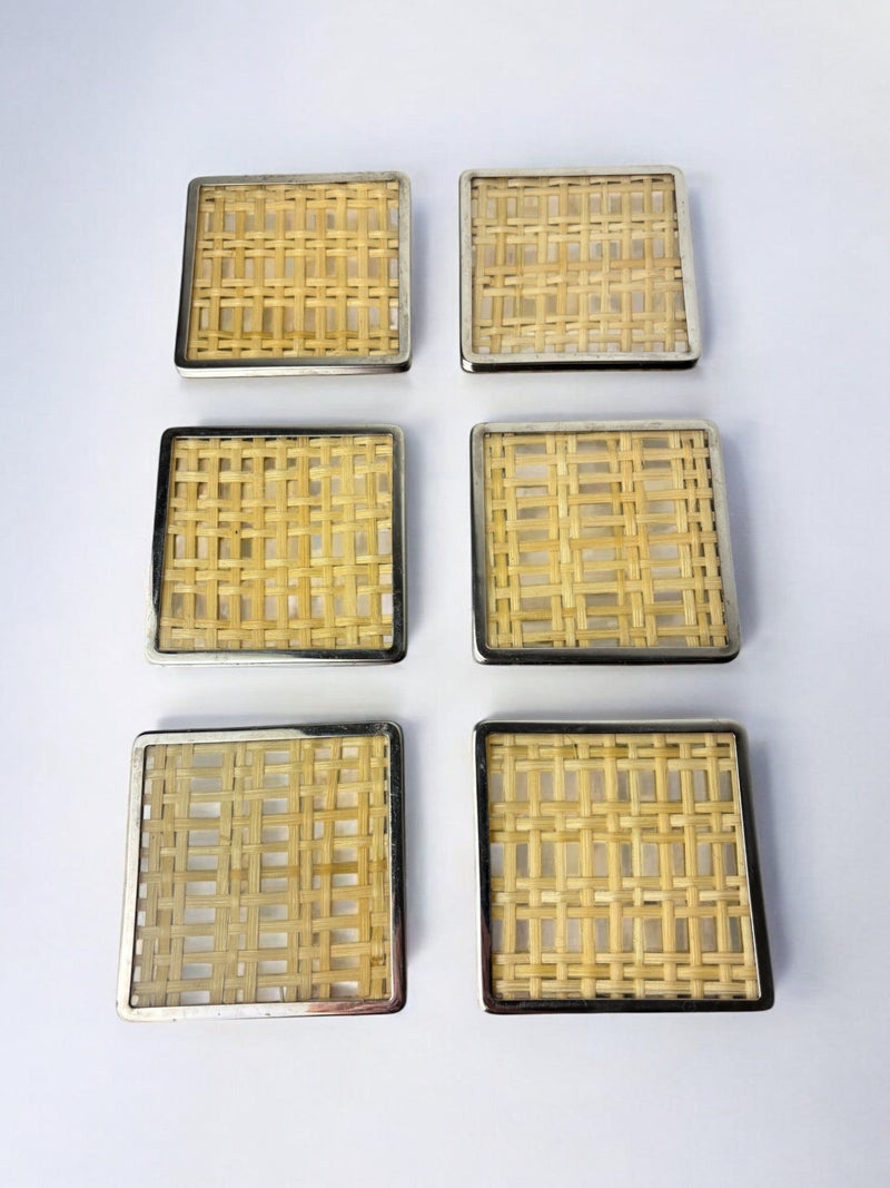 Six vintage rattan coasters in lucite frames arranged in grid pattern
