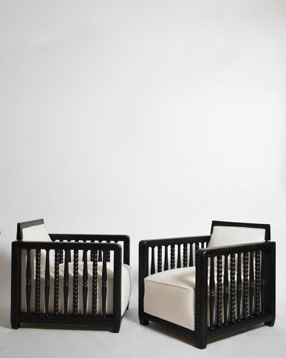 Pair of Ebonised Wood Back Top Fireside Armchairs, 1940s