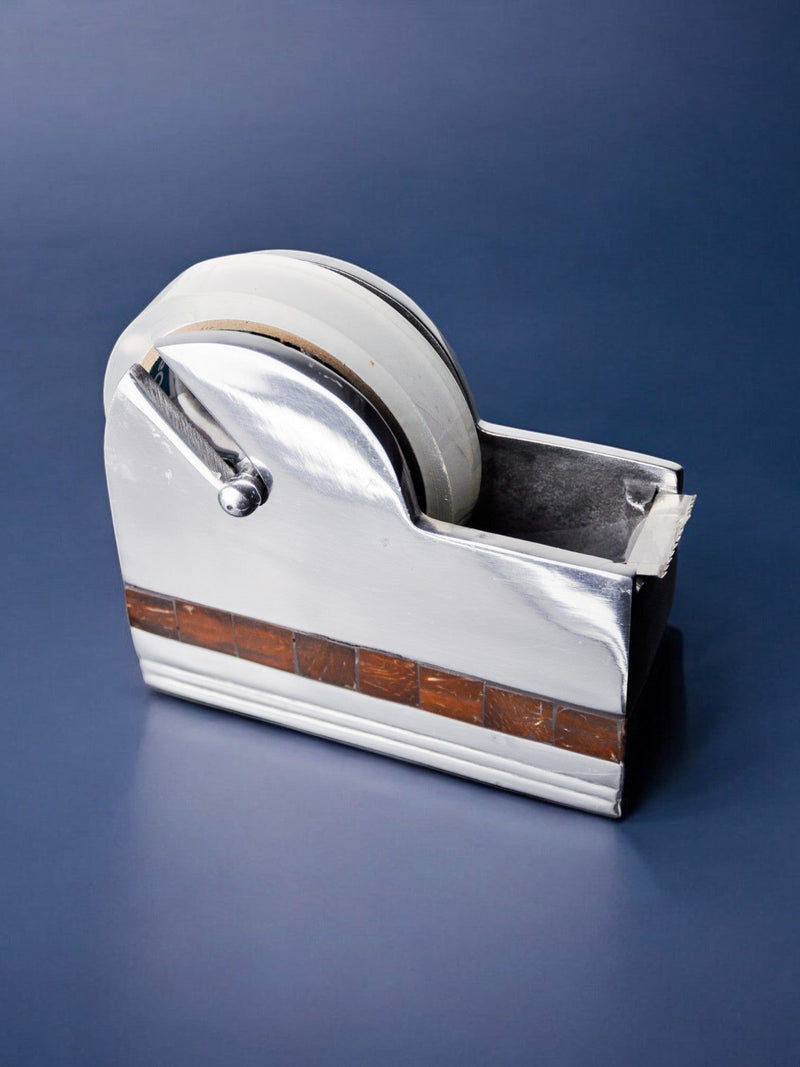 Chrome and wood tape dispenser with curved aluminum design, 1980s Italy