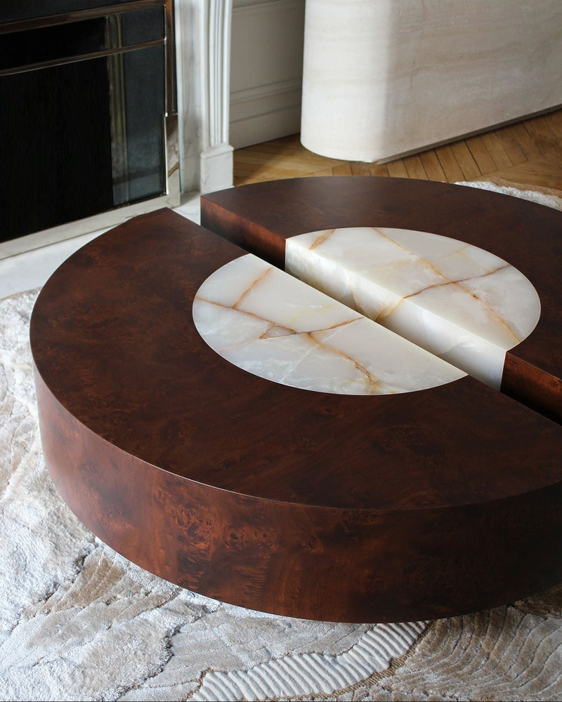 Round Baci coffee table in dark wood with shell onyx inlay detail