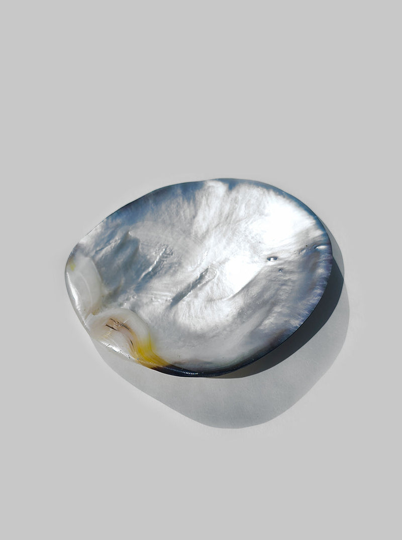 Polished mother-of-pearl vide-poche with iridescent blue sheen