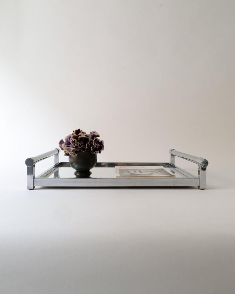 Vintage Adnet mirrored tray with purple flowers and handles