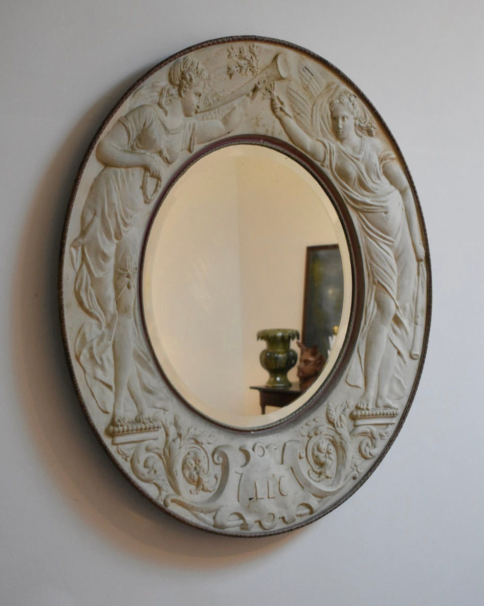Round Embossed Metal Sheet Mirror, 1910s.