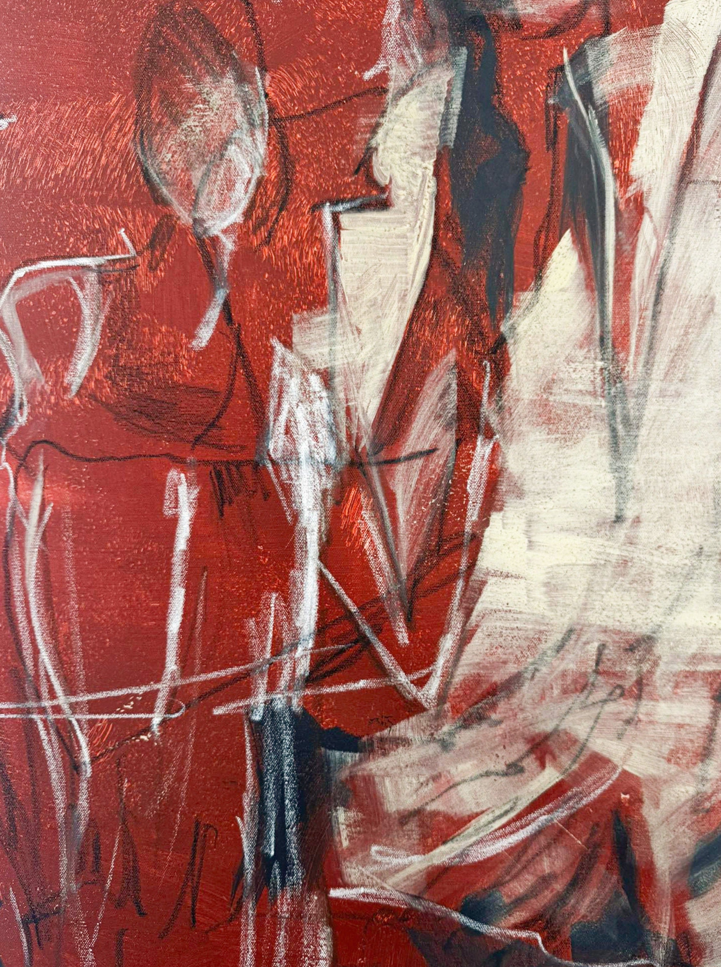 An exclusive piece of acrylic artwork dominated by red and white tones, with hints of black. The composition features bold, dynamic brushstrokes and indistinct shapes, suggesting forms and movement like a couple dancing, creating a sense of depth and intensity. The piece is titled "Couple - Acrylic, oil pastel, charcoal on canvas" by Dovile Bernotaite.