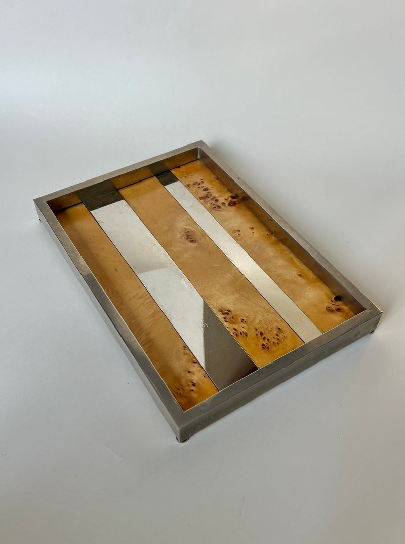 1970s rectangular serving tray with burl wood and metal inlay strips