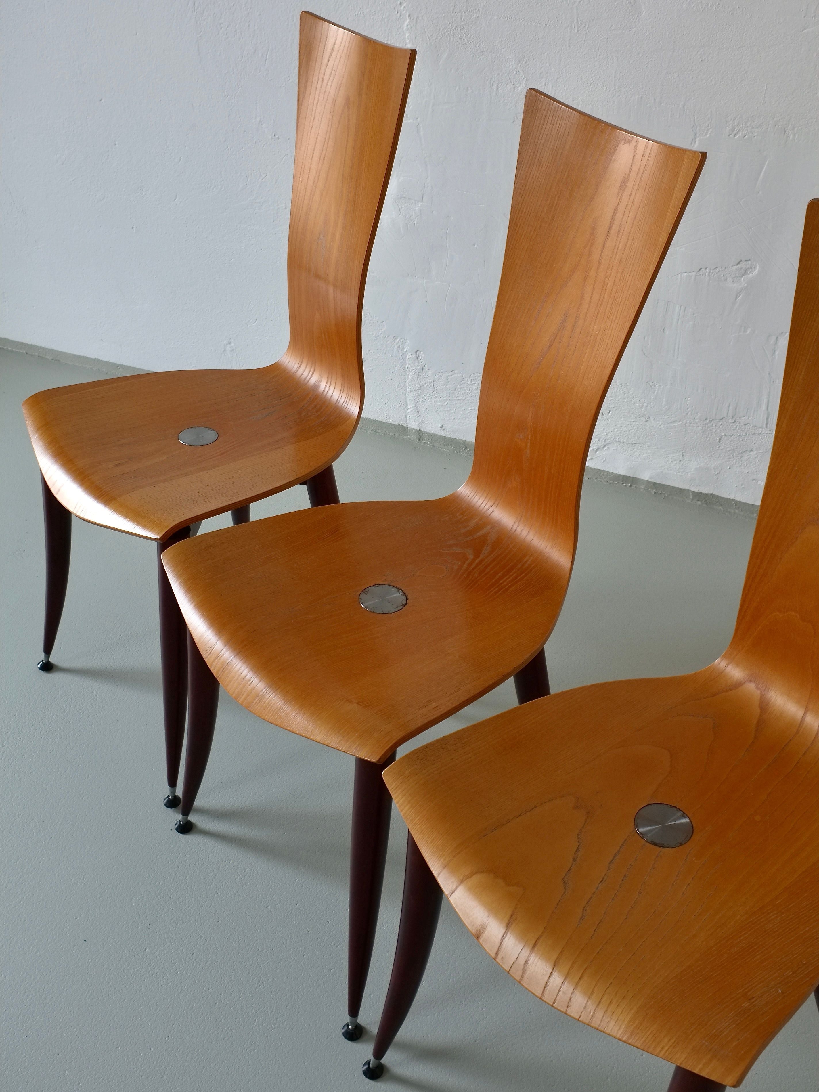 Set of 3 Plywood Burgundy Legs Chairs, Italy 1980s