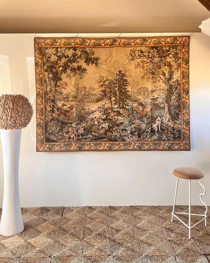 Large vintage French tapestry with pastoral landscape scene