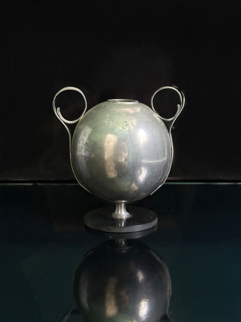 Swedish Art Deco tin vase with iridescent finish and dual handles