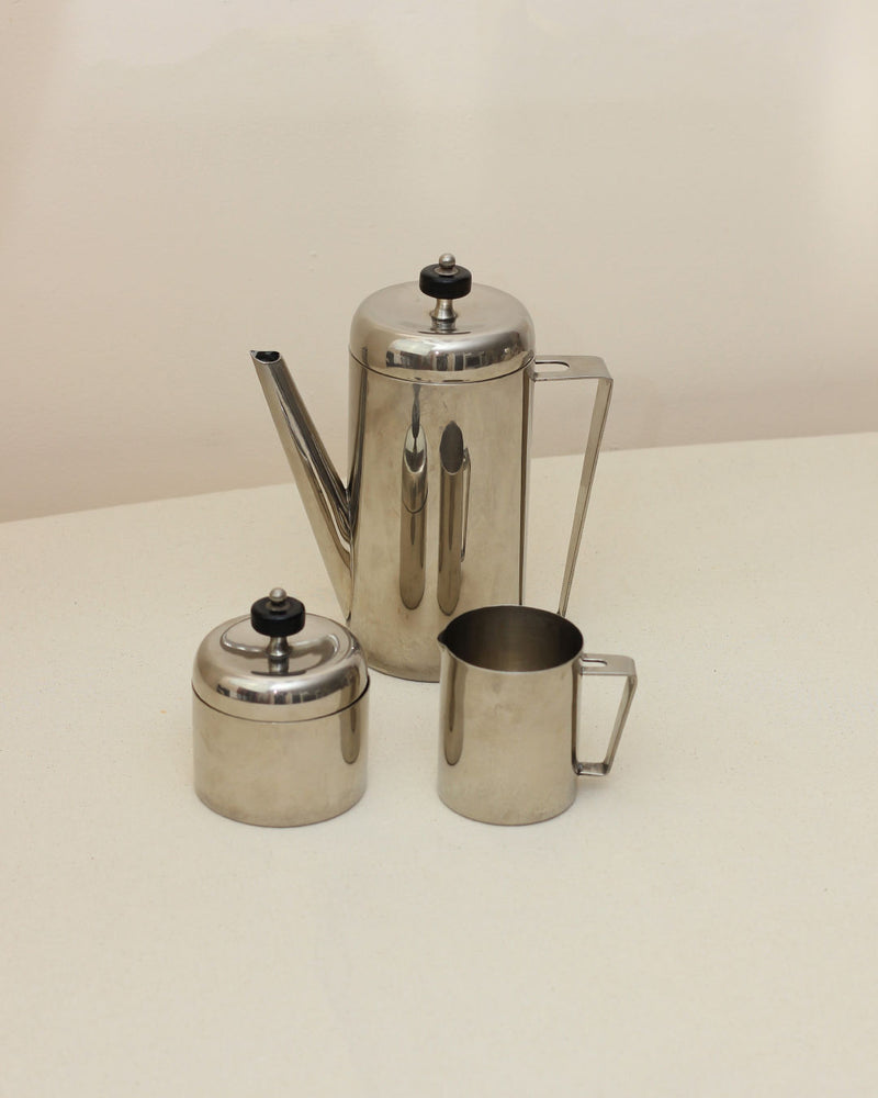 Polished steel Art Deco coffee set with pot, sugar bowl and creamer