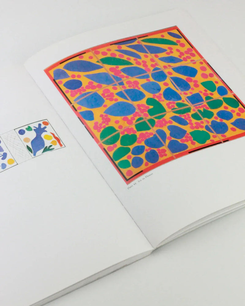 A close-up of Matisse's intricate paper cut out design featuring vibrant colors and organic shapes