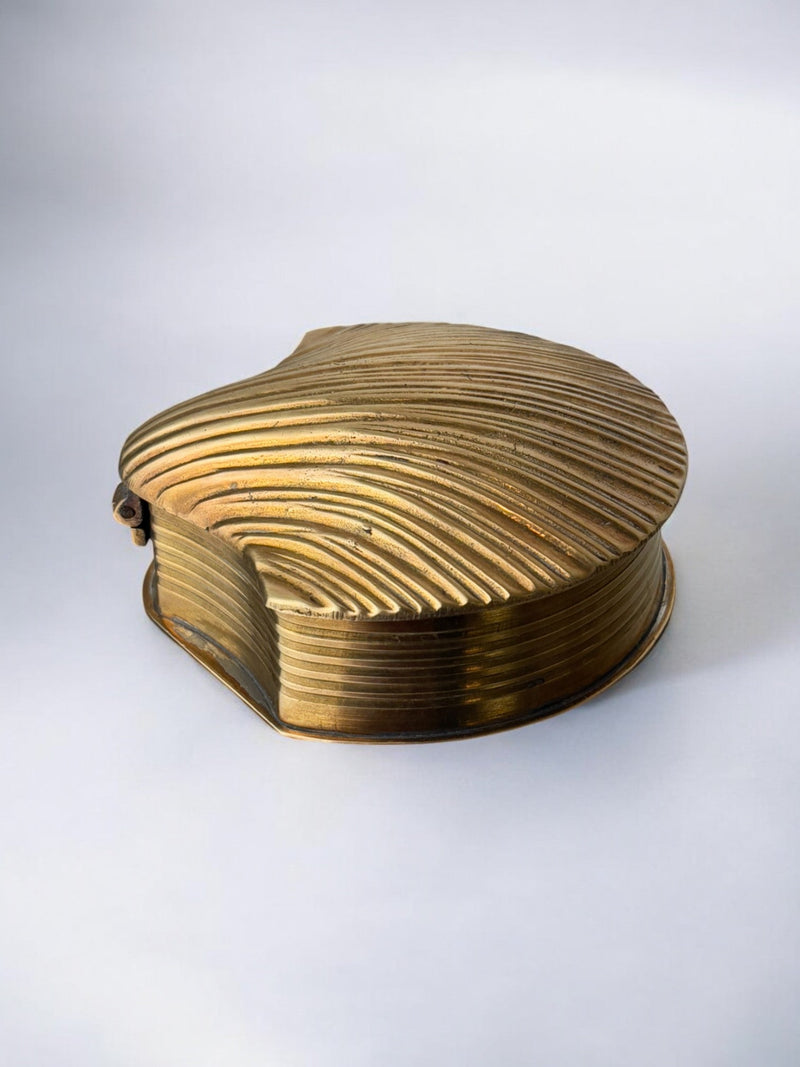 Brass shell-shaped jewelry box detail showing ribbed texture