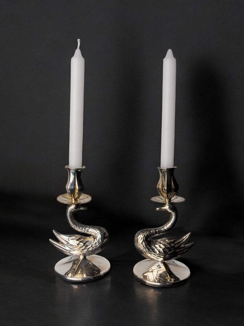Pair of Art Deco swan candleholders in polished alpaca silver