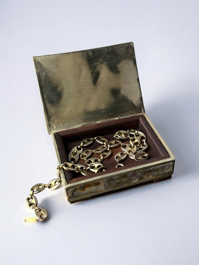 Vintage abalone shell box open displaying brass chain necklace