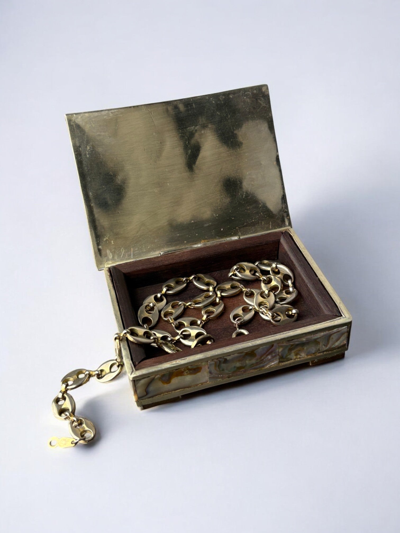 Vintage abalone shell box open displaying brass chain necklace
