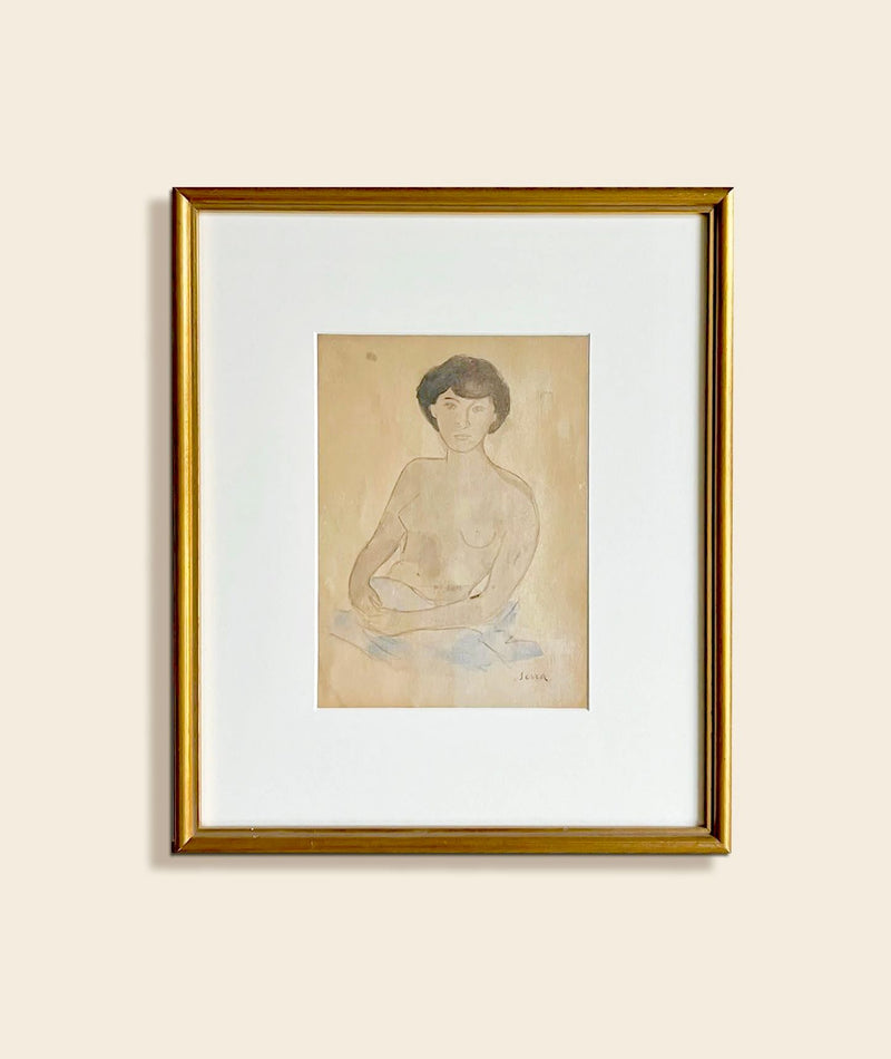 Framed watercolor nude portrait with woman resting, gold frame