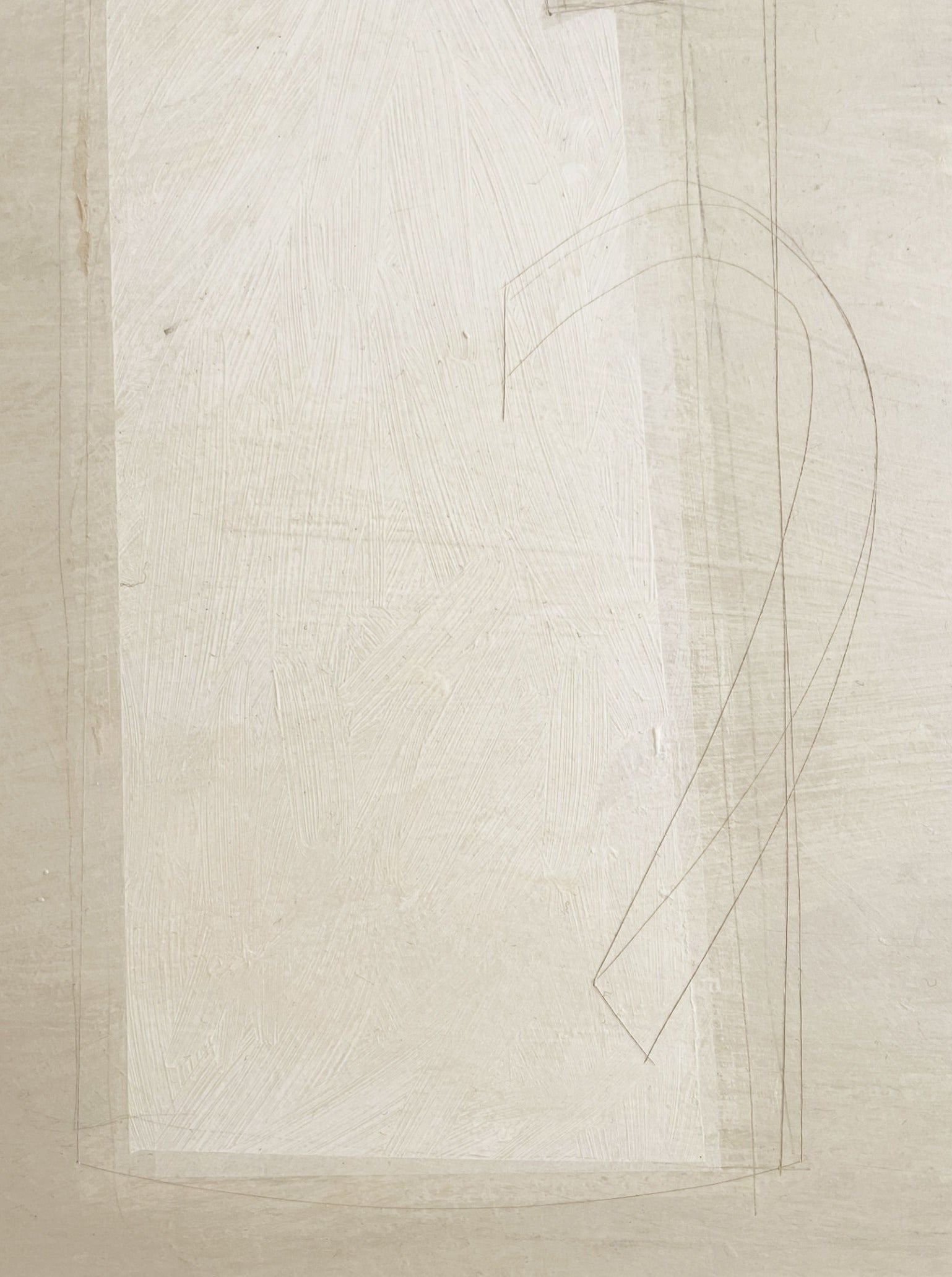 A minimalist still life painting, this original artwork features faint, irregular pencil lines and a white rectangular shape on a beige textured background. Created with acrylic on a cradled wooden panel, the lines trace geometric forms that subtly contrast against the soft, neutral tones. This piece is titled "White Table Painting" by Lara Voce.