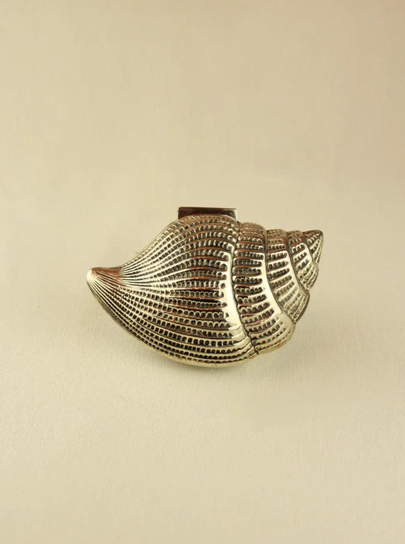 Brass Shell Box with Intricate Carving and Hinged Lid