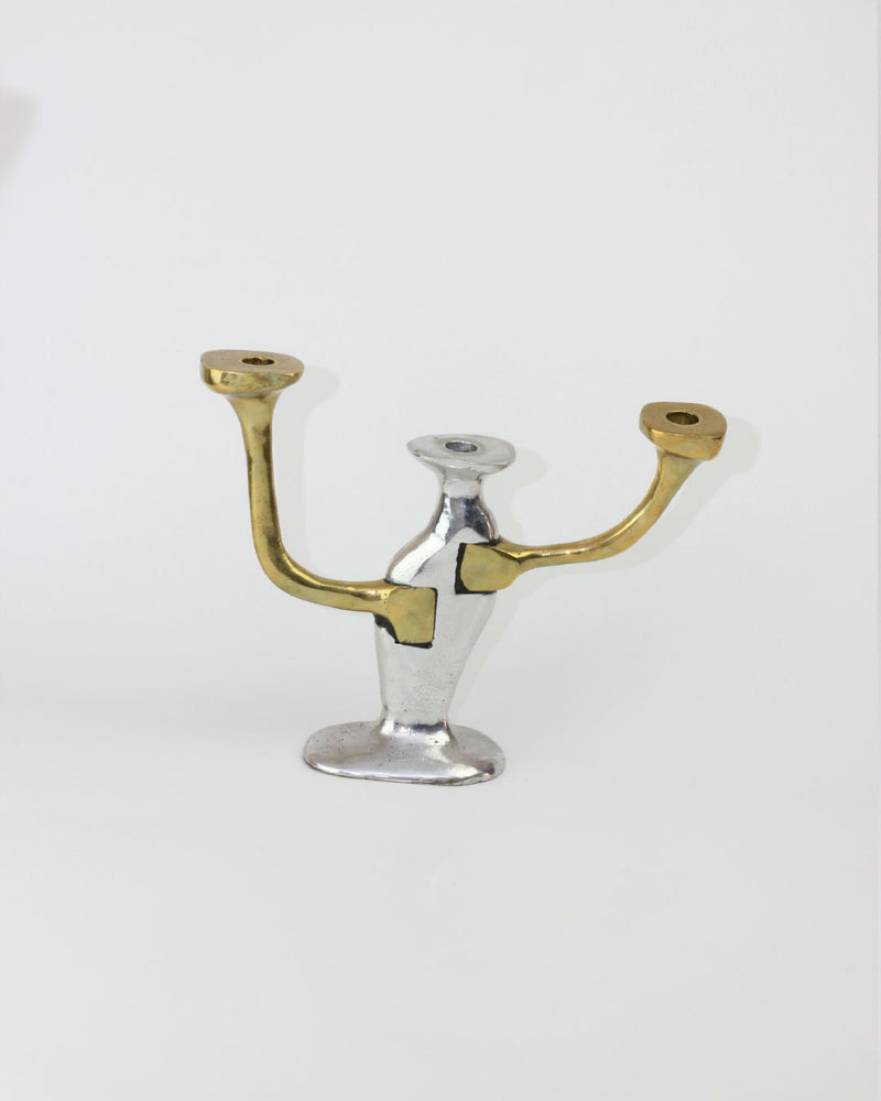 Brutalist three-arm brass and chrome candleholder from 1970s