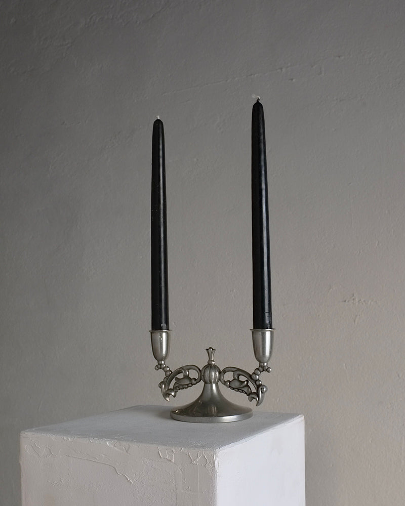 Swedish Grace pewter candleholder with ornate scrollwork, 1930s