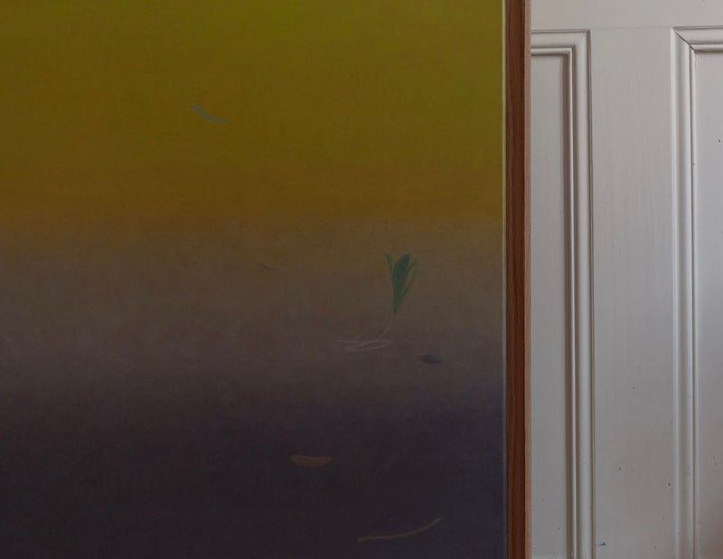 Thru and Thru #2 abstract acrylic painting with a textured gradient transitioning from yellow to dark brown, displayed alongside a white paneled door to the right by Rebecca von Matérn.
