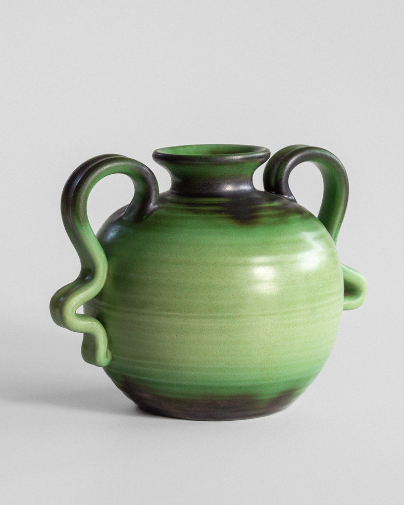 Green ceramic vase with curved handles by Eva Jancke-Bjork 1940s
